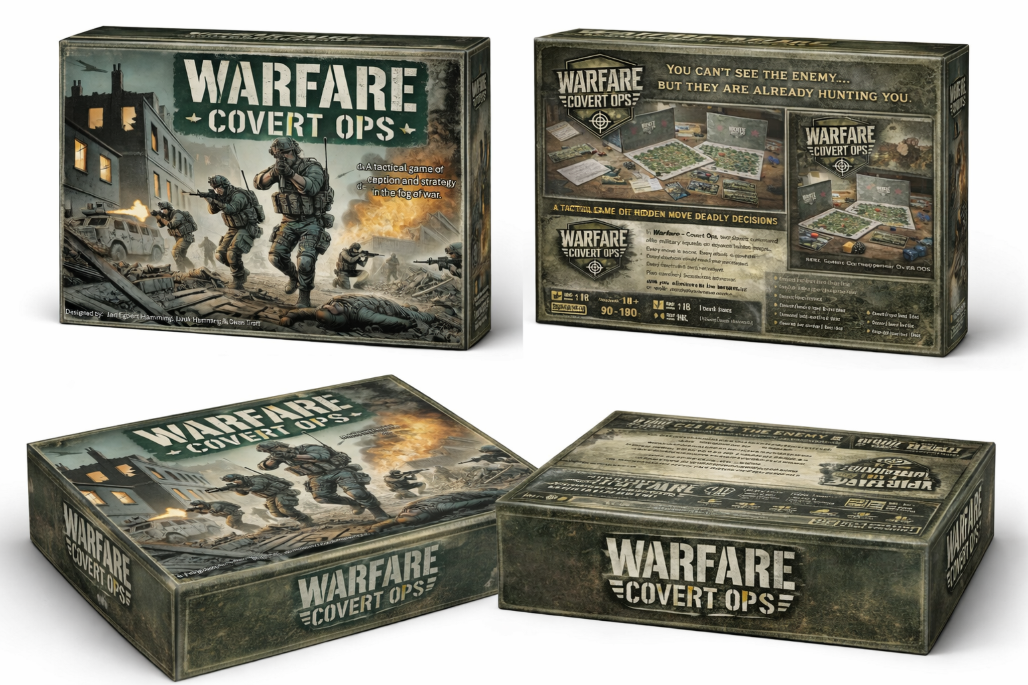 Boardgame box front, back and side views